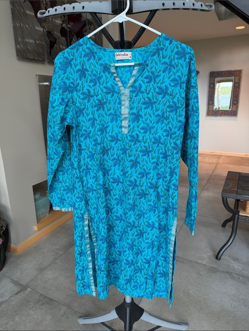 fabindia Teal Blue Leaf-Print Cotton Slim Fit Short Kurta - size S